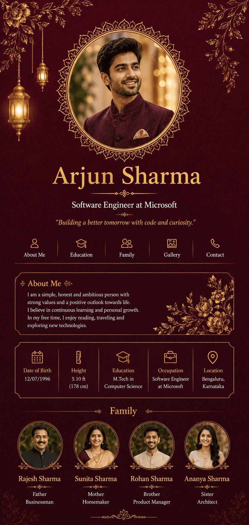 Sample marriage biodata in a maroon and gold template